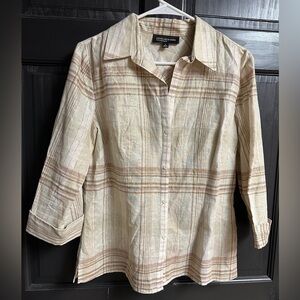 NWOT Jones New York V-Neck 3/4 Sleeve Fitted Women’s Top Sz 8 Brown Ivory Plaid